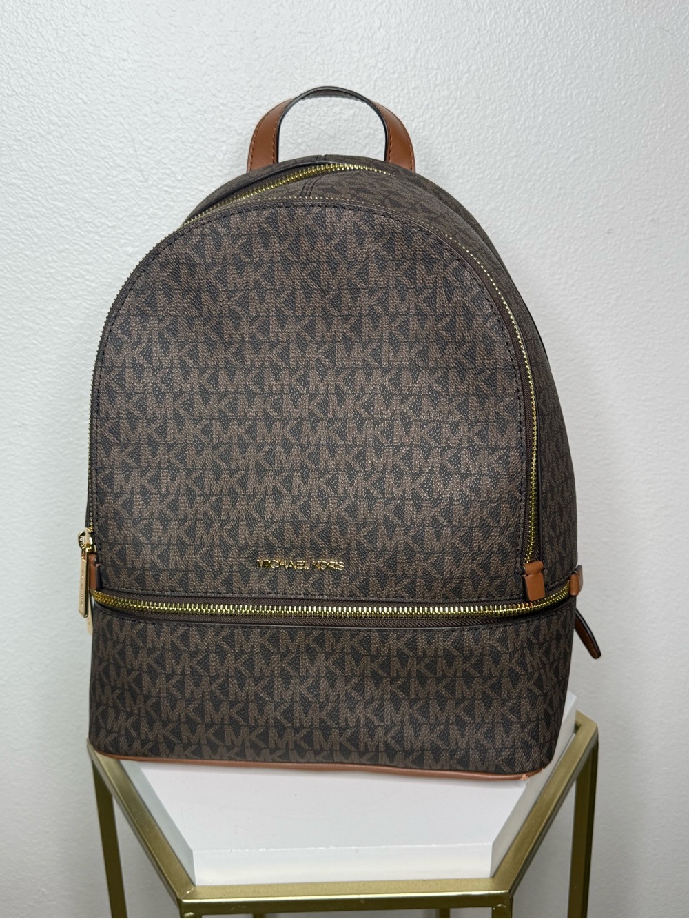 Michael Kors Rhea Medium Signature Logo Zip Backpack – Brown/Acorn – NWT